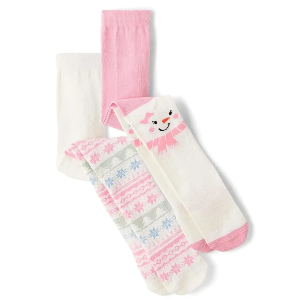 Girls Gymboree Pink & White Snowman & Fairisle Tights Set of 2 Size 10-12 NEW
